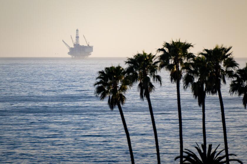 SANTA BARBARA, CA - APRIL 10, 2025: Sable Offshore Corp. oil platform "Harmony" off the coast of Refugio State Beach. (Michael Owen Baker / For The Times)