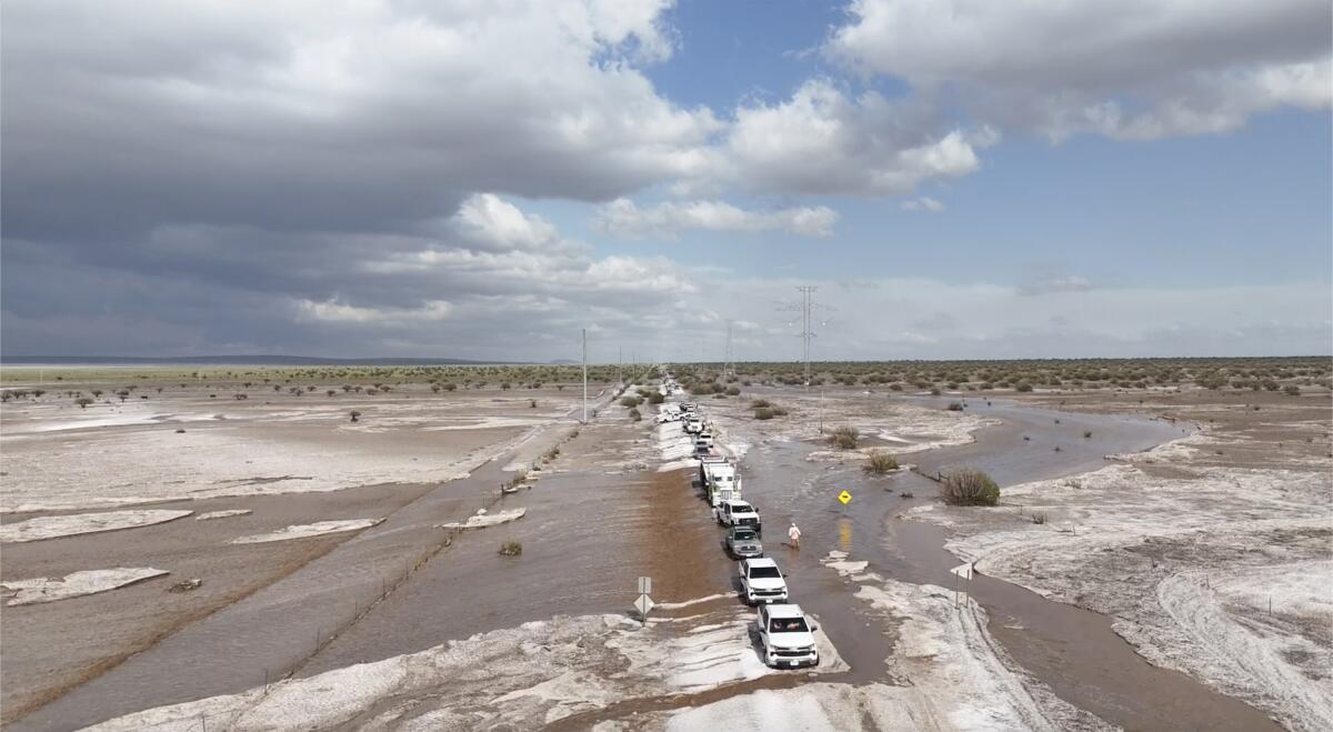 En esta foto, proporcionada por Mike Bischoff, varios vehículos avanzan en línea después 