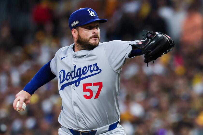 Dodgers reliever Ryan Brasier delivers against the San Diego Padres in Game 4 of the NLDS at Petco Park.