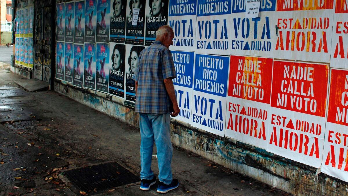 A man reads campaign posters promoting statehood for Puerto Rico in San Juan.