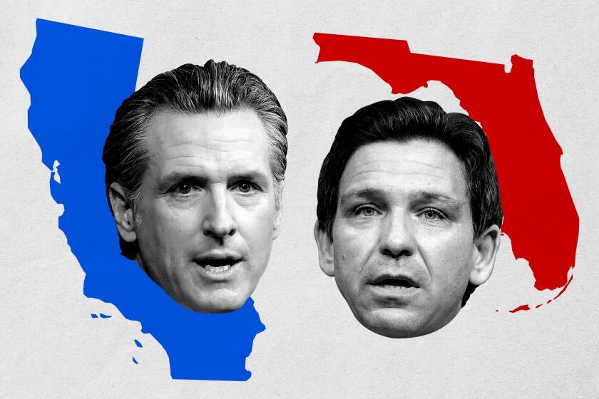 photo illustration of Gavin Newsom and Ron Desantis over shapes of California and Florida