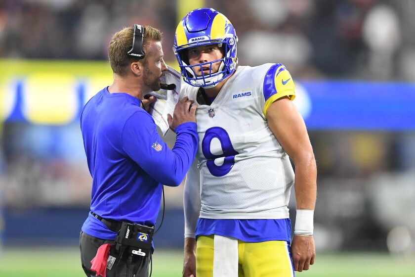 Inglewood, CA. September 12, 2021: Rams head coach Sean McVay calls a play with quarterback Matthew Stafford.