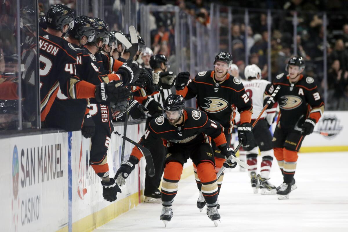 Ducks center Adam Henrique celebrates after scoring his second goal against the Coyotes during the first period of a game Jan. 29 at Honda Center. 