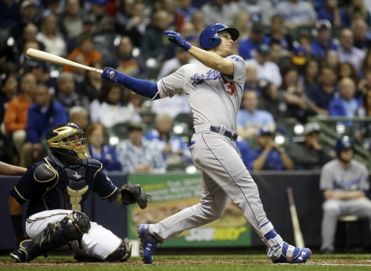 Dodgers rookie outfielder hits one of his two home runs against the Brewers on May 6.