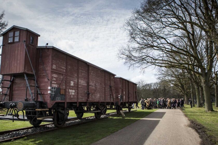 Mandatory Credit: Photo by SIESE VEENSTRA/EPA-EFE/REX (10002807a) (FILE) - Two original railway boxcars at the WWII Westerbork transit camp in the memorial center in Hooghalen, the Netherlands, 12 April 2015, (reissues 28 November 2018. The former Nazi concentration camp was liberated by Canadian 2nd Infantry Division on 12 April 1945. Reports on 28 November 20-18 state that the Dutch' state-run rail company NS has agreed to set up a commission to compensate Holocaust survivors and their relatives for transporting Jews to a Nazi transit camp. Some 107,000 Jews were taken to Westerbork and deported, mainly to deaths camps at Auschwitz and Sobibor. Dutch Railways to compensate Holocaust survivors, Hooghalen, Netherlands - 12 Apr 2015 ** Usable by LA, CT and MoD ONLY **