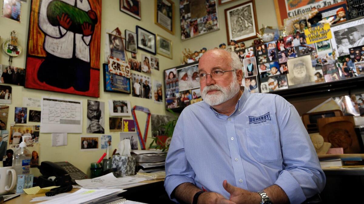 Father Gregory Boyle, executive director and founder of Homeboy Industries, in his office.