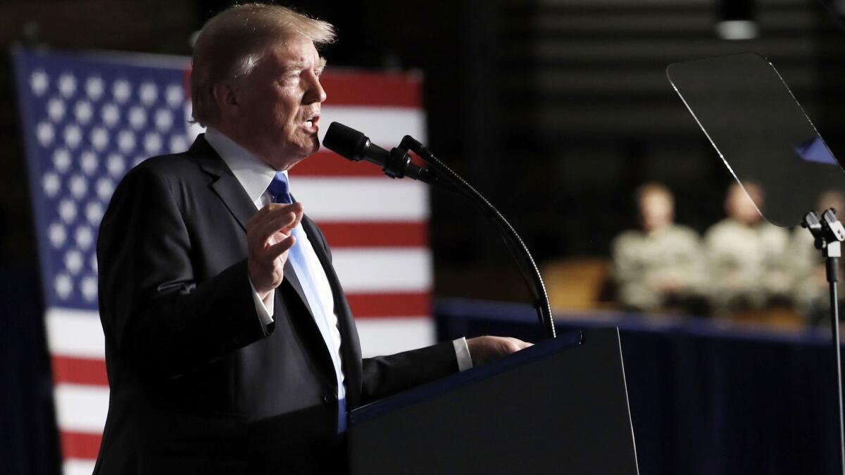 President Trump speaks at Ft. Myer in Arlington, Va., during an address to the nation on Monday about the U.S. war in Afghanistan.