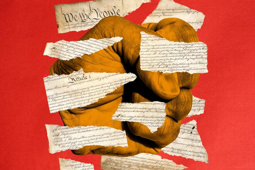 Photo illustration of an orange fist surrounded by torn paper pieces of the Constitution