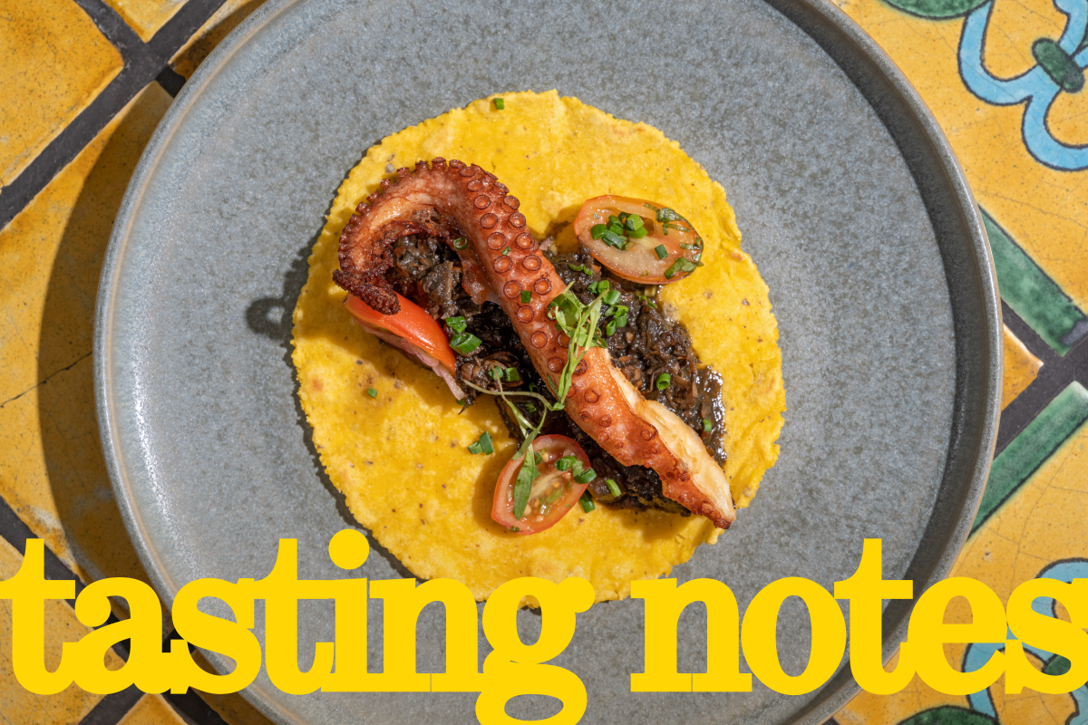 An octopus taco with a squid-ink sofrito on a plate.