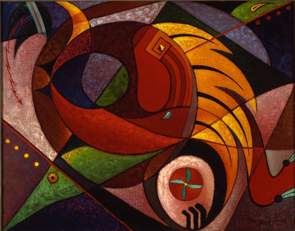 A painting composed of geometric shapes in bright colors also contains abstracted Indigenous motifs
