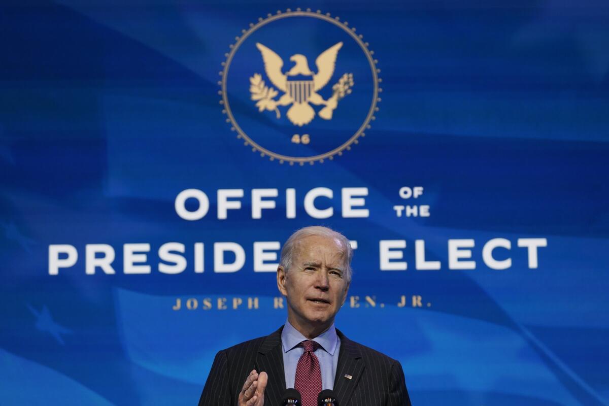 President-elect Joe Biden speaks Friday at the Queen theater in Wilmington, Del.