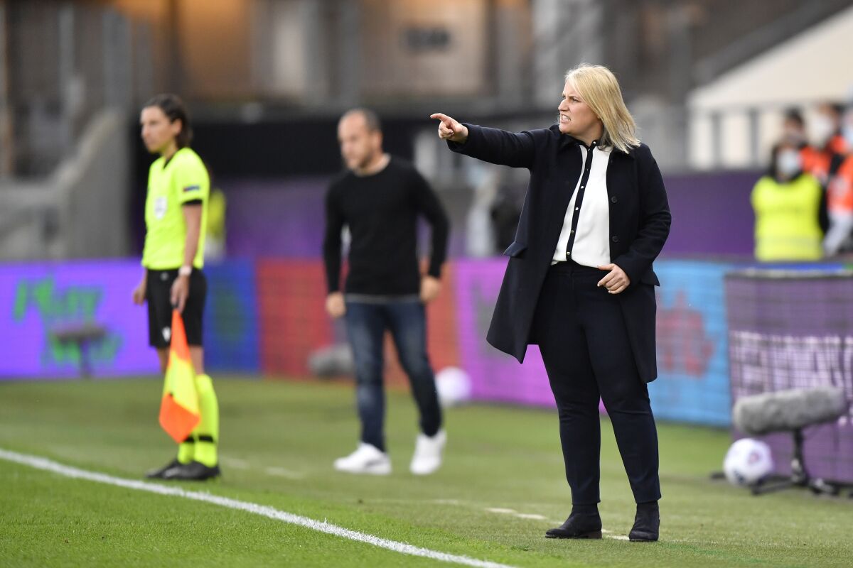 FILE - In this Sunday, May 16, 2021 file photo, Chelsea's coach Emma Hayes gives instructions from the side line during the UEFA Women's Champions League final soccer match between Chelsea FC and FC Barcelona in Gothenburg, Sweden. Hayes has signed a contract extension after leading the team to the English title and its first Champions League final last season. Hayes has led Chelsea to four Women’s Super League titles — the most in England — since becoming manager in 2012. (AP Photo/Martin Meissner, File)