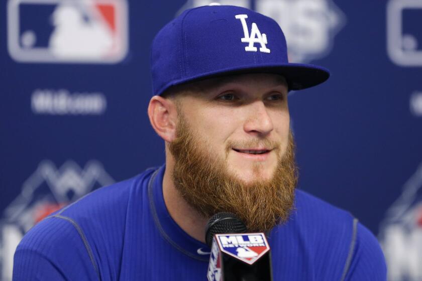 Dodgers reliever J.P. Howell answers questions during a news conference during the National League Division Series in New York on Oct. 13.
