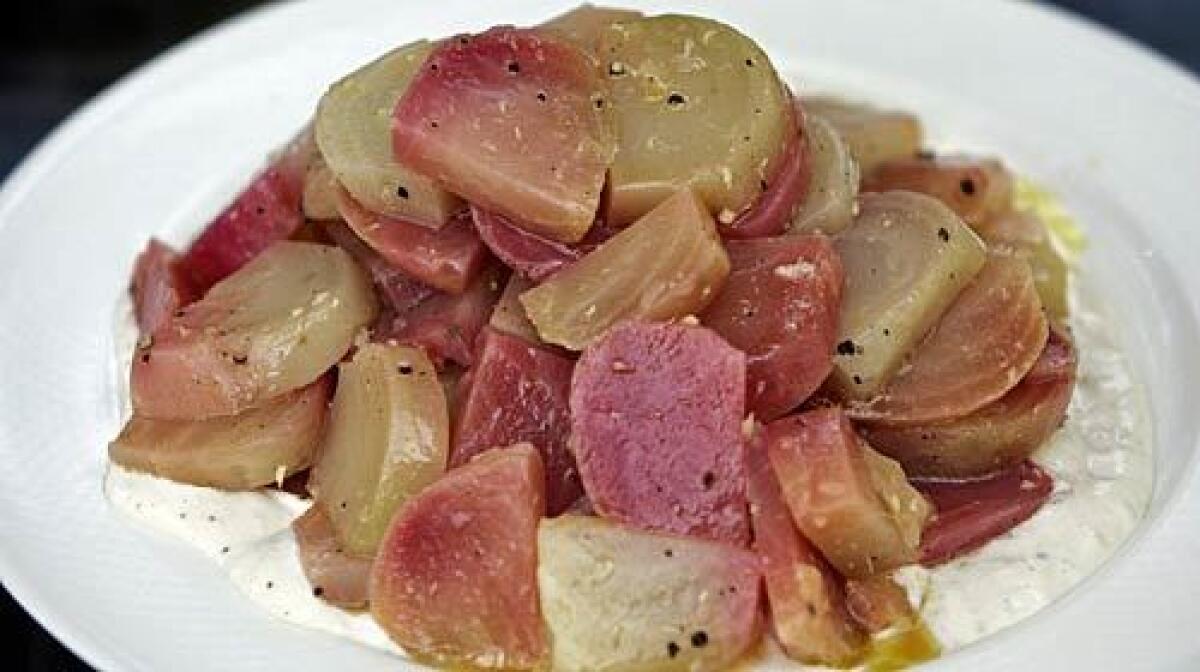 Red and golden beets may be used instead of the Chioggia beets.