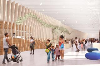 Rendering shows families walking by and looking at a greenish dinosaur fossil on a wall in a museum.