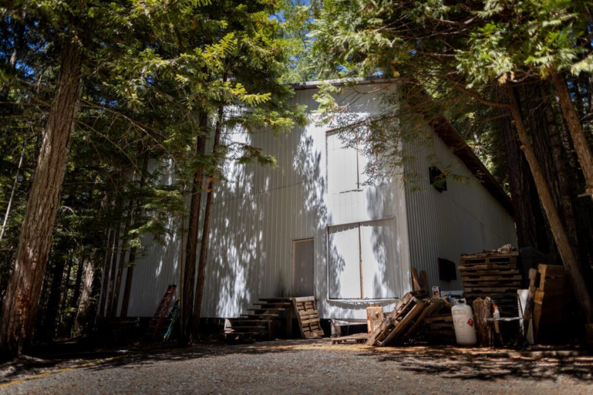 A two story white building between redwood trees.