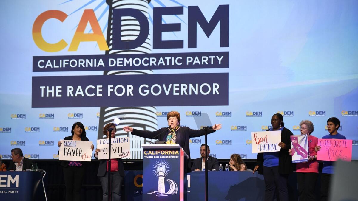 Democratic gubernatorial candidate Delaine Eastin speaks at the 2018 California Democrats State Convention Saturday, Feb. 24, 2018, in San Diego. (AP Photo/Denis Poroy)