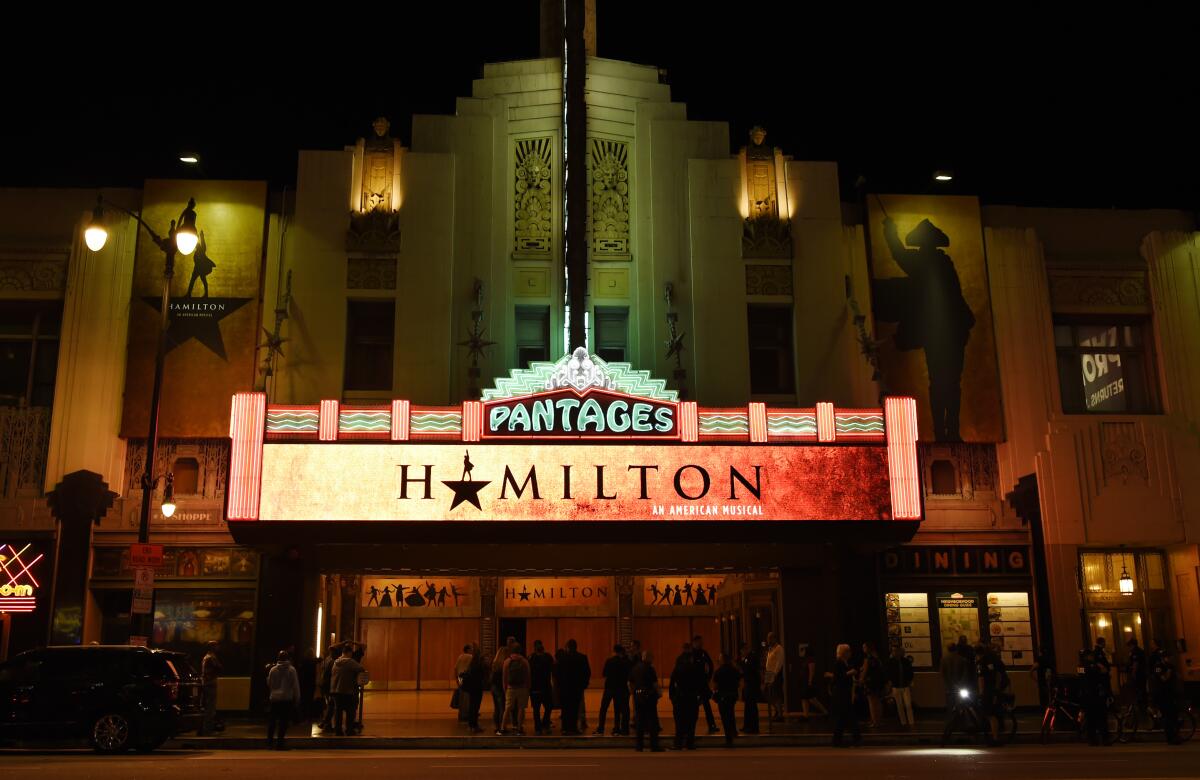 The Pantages Theatre marquee on the opening night of "Hamilton: An American Musical" on Aug. 16, 2017.