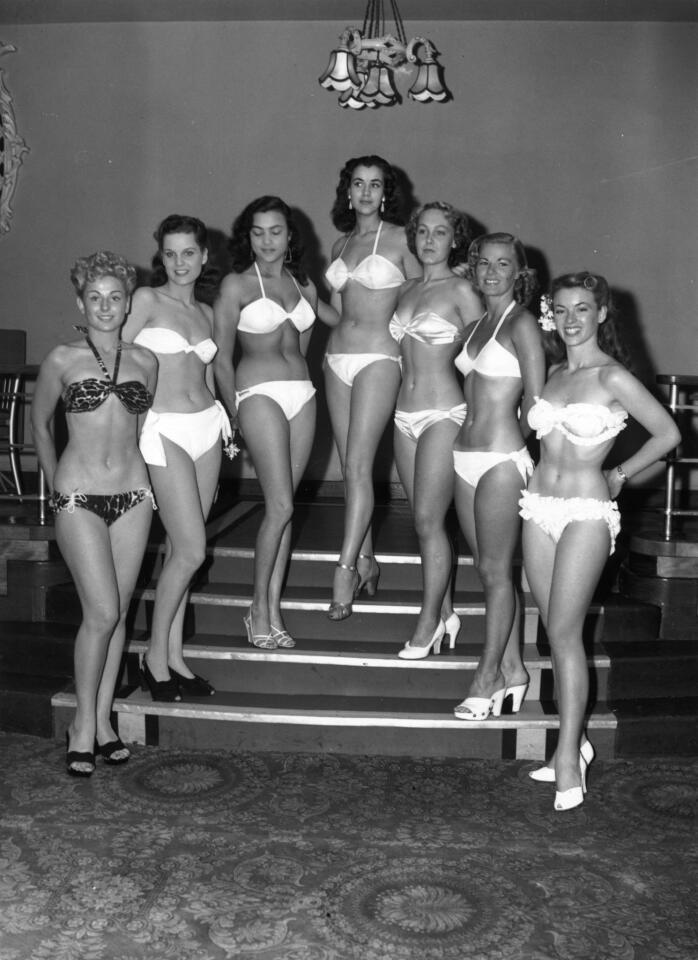 Competitors in the first Miss World contest at the Empire Rooms on Tottenham Court Road, London on July 27, 1951.