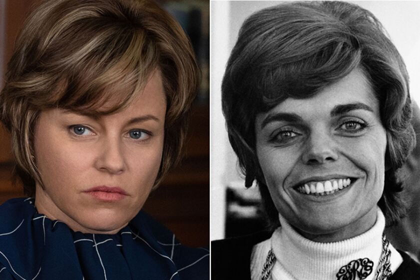 Elizabeth Banks, left, as Jill Ruckelshaus in "Mrs. America," and the real Jill Ruckelshaus in 1970.