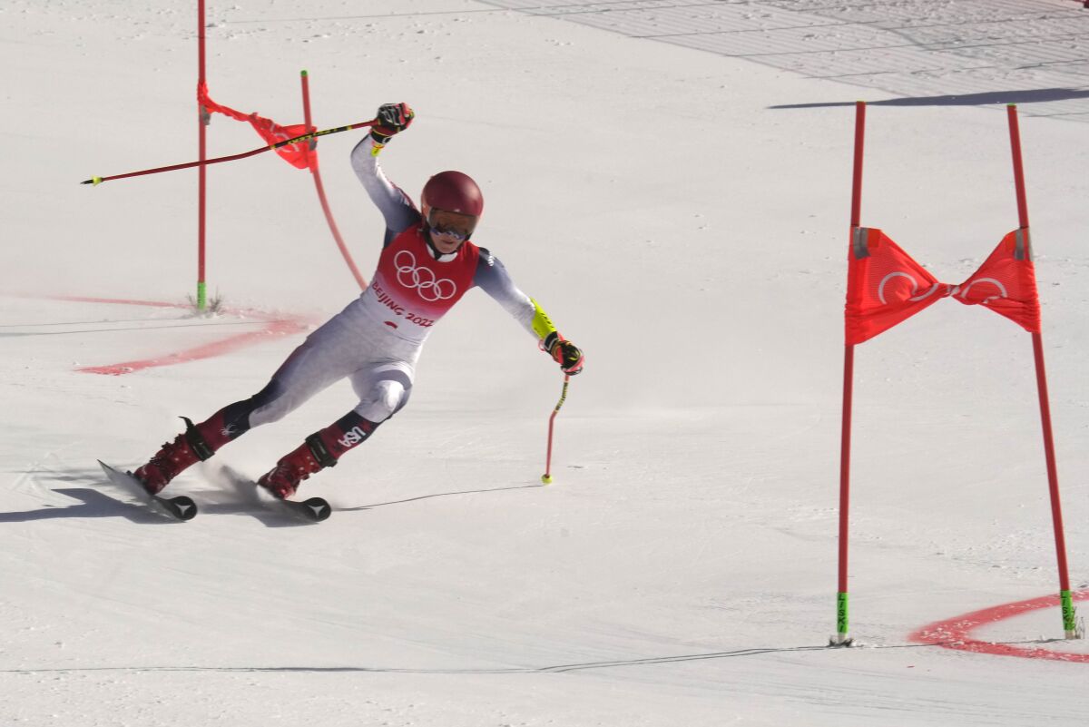 U.S. skier Mikaela Shiffrin competes in the quarterfinals of the mixed team parallel Alpine race.