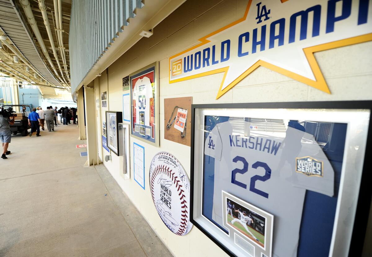 World Series Championship momentos are on display under the right field bleachers.