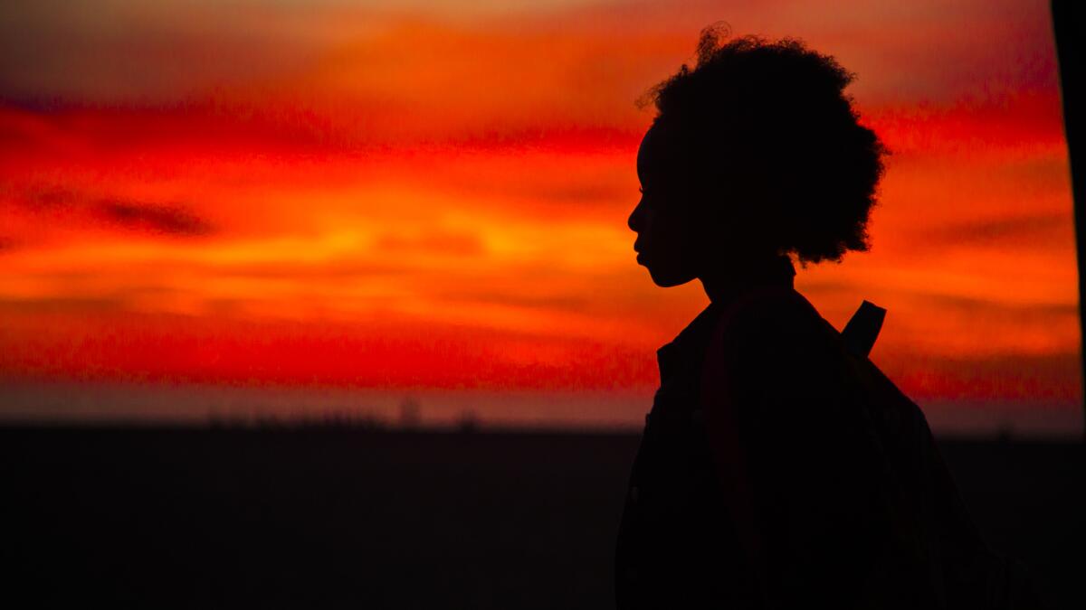 A girl is silhouetted against a deep red sunset in the poster image for the short film "Jada."