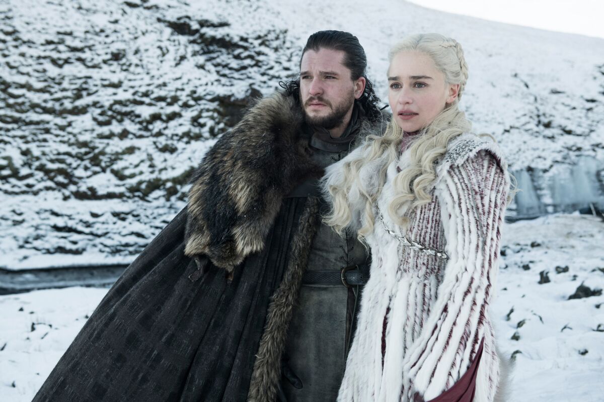 Kit Harington as Jon Snow and Emilia Clarke as Daenerys Targaryen in "Game of Thrones."