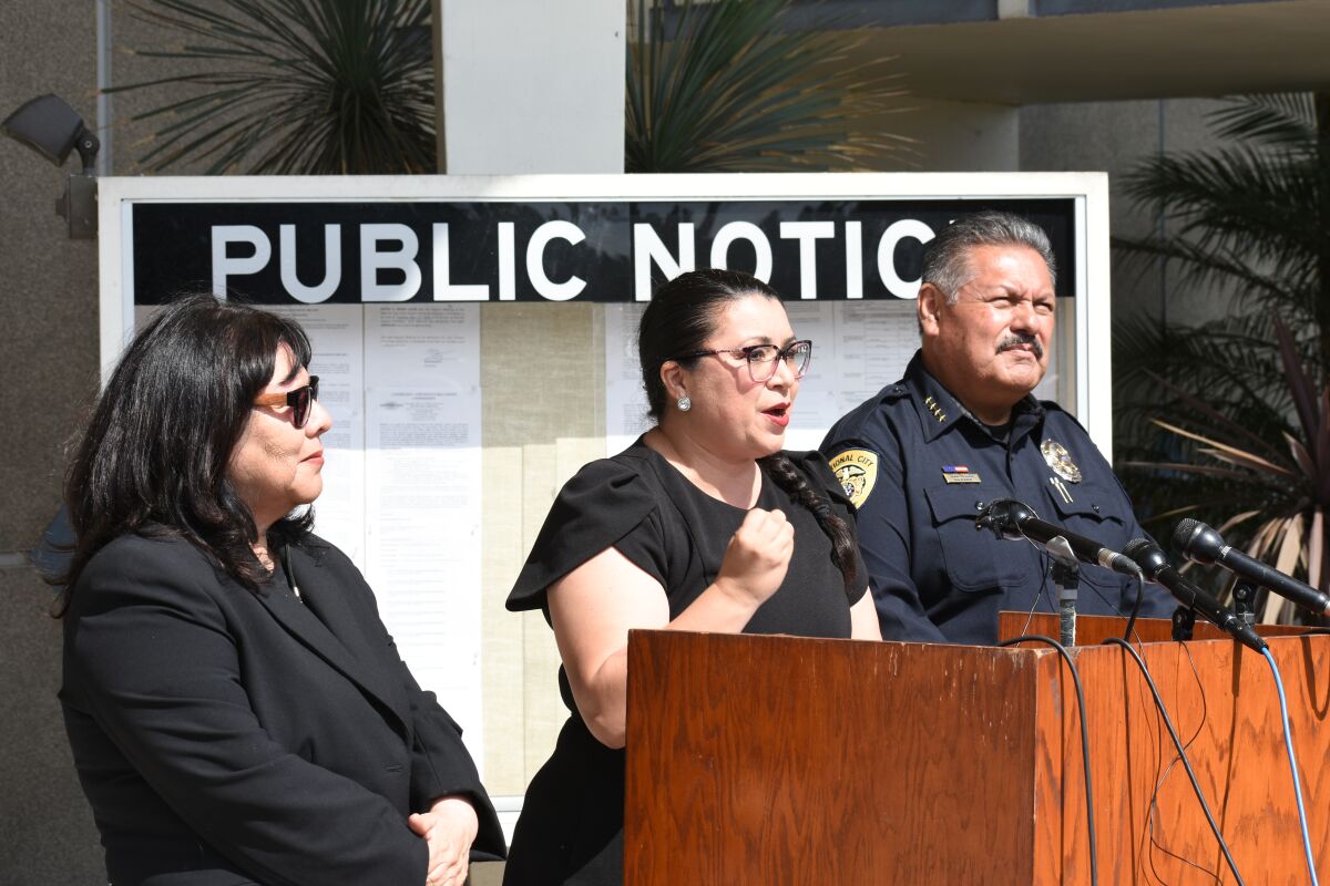 National City Mayor Alejandra Sotelo-Solis, center, Councilmember Mona Rios and Police Chief Jose Tellez discuss cruising.