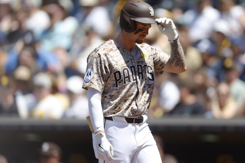 San Diego CA - April 28: San Diego Padres' Jackson Merrill reacts to hitting into a double play in the second inning against the Philadelphia Phillies at Petco Park on Sunday, April 28, 2024. (K.C. Alfred / The San Diego Union-Tribune)
