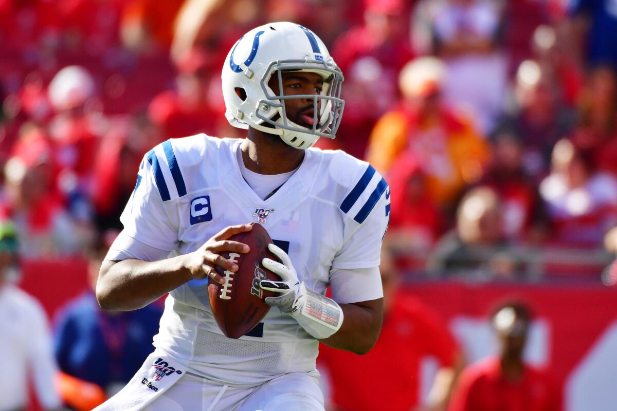 Indianapolis Colts quarterback Jacoby Brissett drops back to pass against the Tampa Bay Buccaneers on Sunday at Raymond James Stadium.