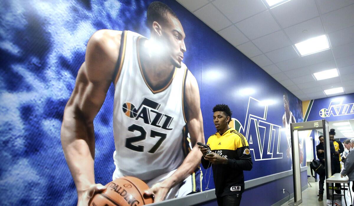 Lakers forward Nick Young arrives at EnergySolutions Arena before a game against the Utah Jazz on Feb. 25.