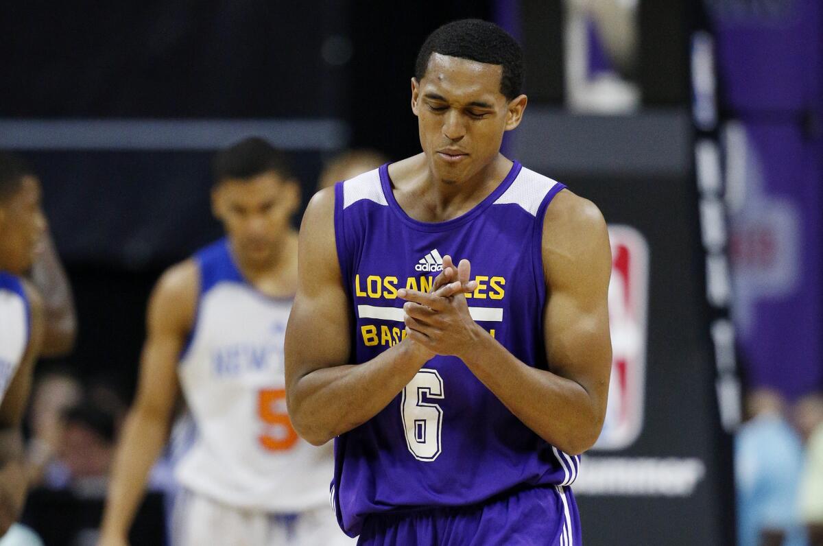 Lakers point guard Jordan Clarkson reacts after a play in the second half against the Knicks.