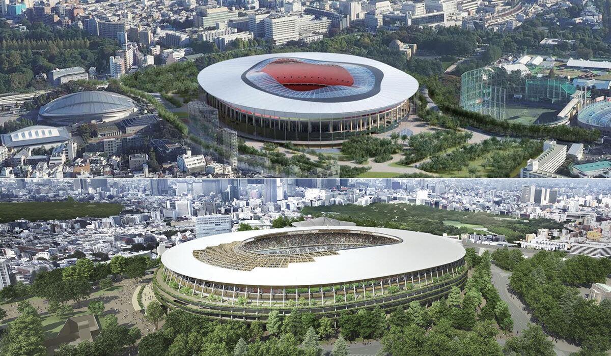 Artist renderings of two proposals for the Tokyo 2020 Olympic stadium.