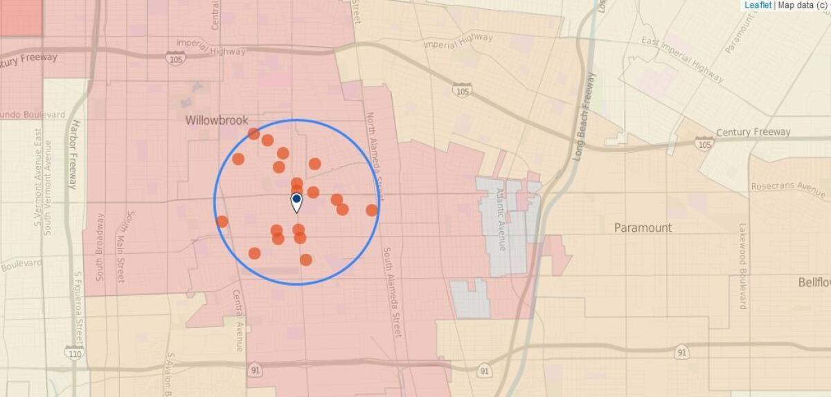 This map shows homicides around the area of the 800 block of West Maple Street in Compton in the last 12 months, including where a man was shot and killed Thursday.