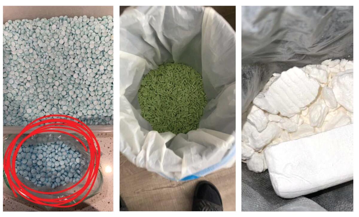 Large quantities of suspected illegal drugs are shown in three photographs. 