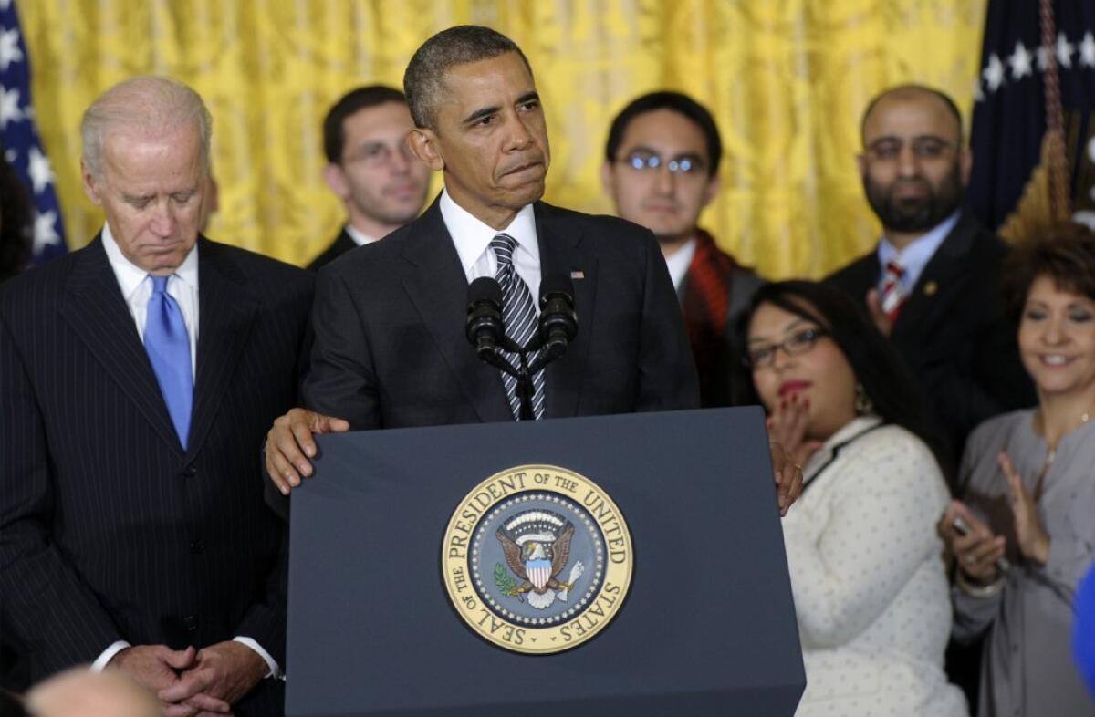 President Obama, with Vice President Joe Biden and others, urges Congress to take up comprehensive immigration reform in a speech Thursday at the White House.
