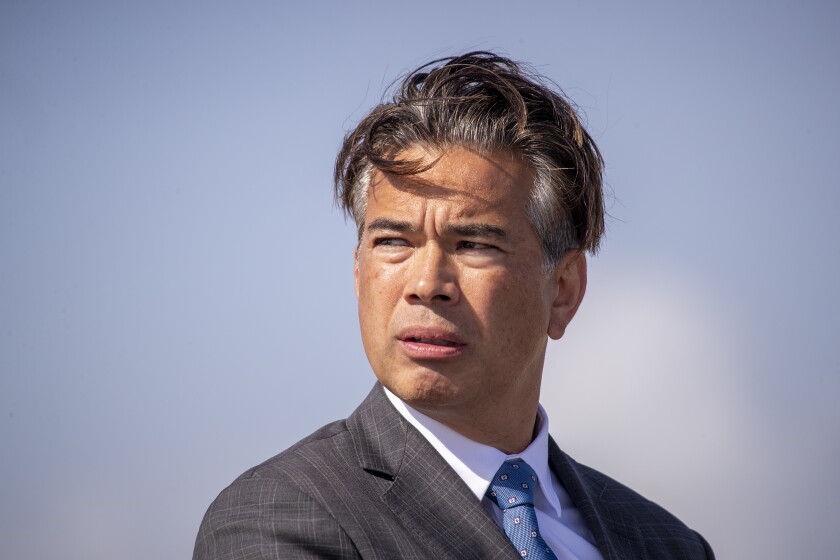 Huntington Beach, CA - October 11: Attorney General Rob Bonta speaks about the oil spill response in Huntington State Beach in Huntington Beach on Monday, Oct. 11, 2021. (Allen J. Schaben / Los Angeles Times)