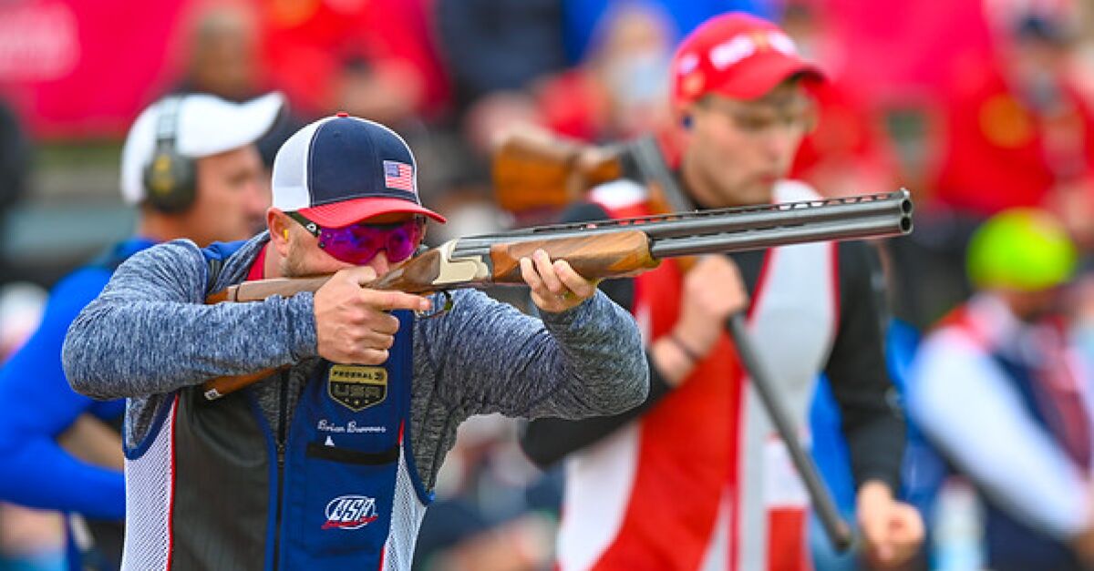 Brian Burrows, who grew up in Fallbrook, is shown competing in a trap-shooting competition.