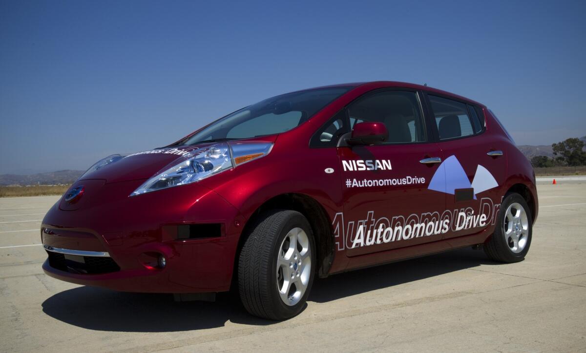 The Nissan Leaf autonomous vehicle as shown at a Nissan news event in September 2013 in Irvine.