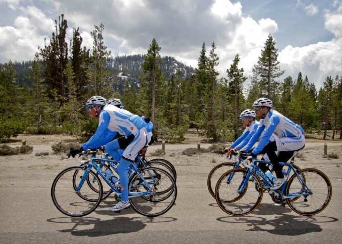 Bikers race in South Tahoe during the Amgen Tour of California on May 14, 2011.