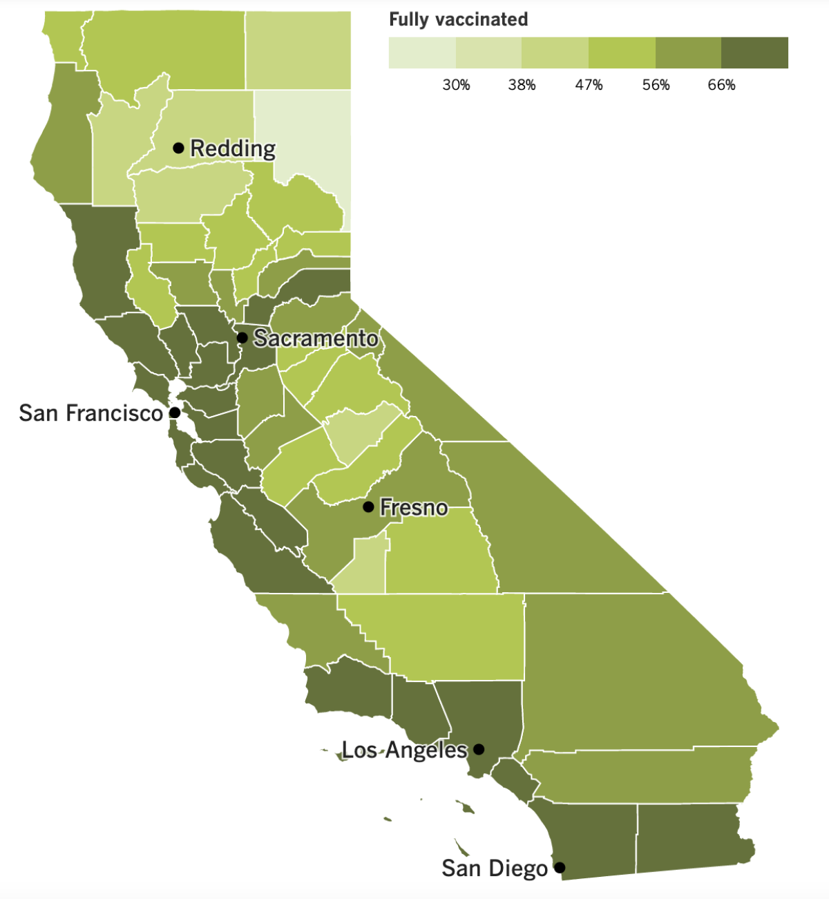 A map that shows California's COVID-19 vaccination progress by county as of Feb. 25, 2022.