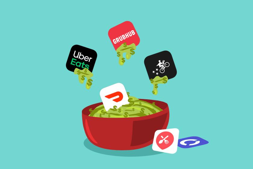 illustration of delivery apps being dipped into guacamole made of money 