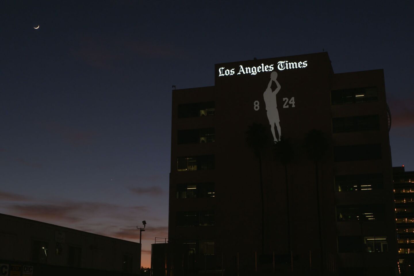 A tribute to Kobe Bryant is projected on the Los Angeles Times building.