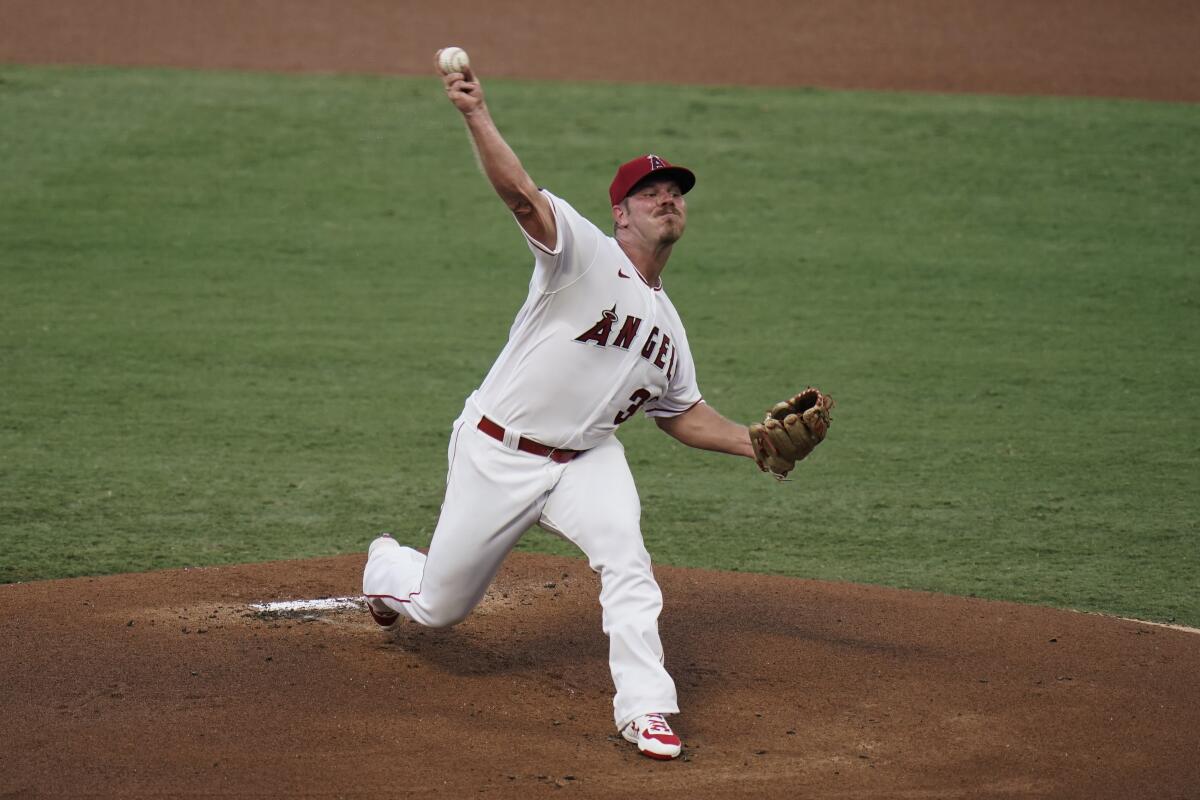 Angels starter Dylan Bundy throws against the Houston Astros during the first inning Sept. 4, 2020.