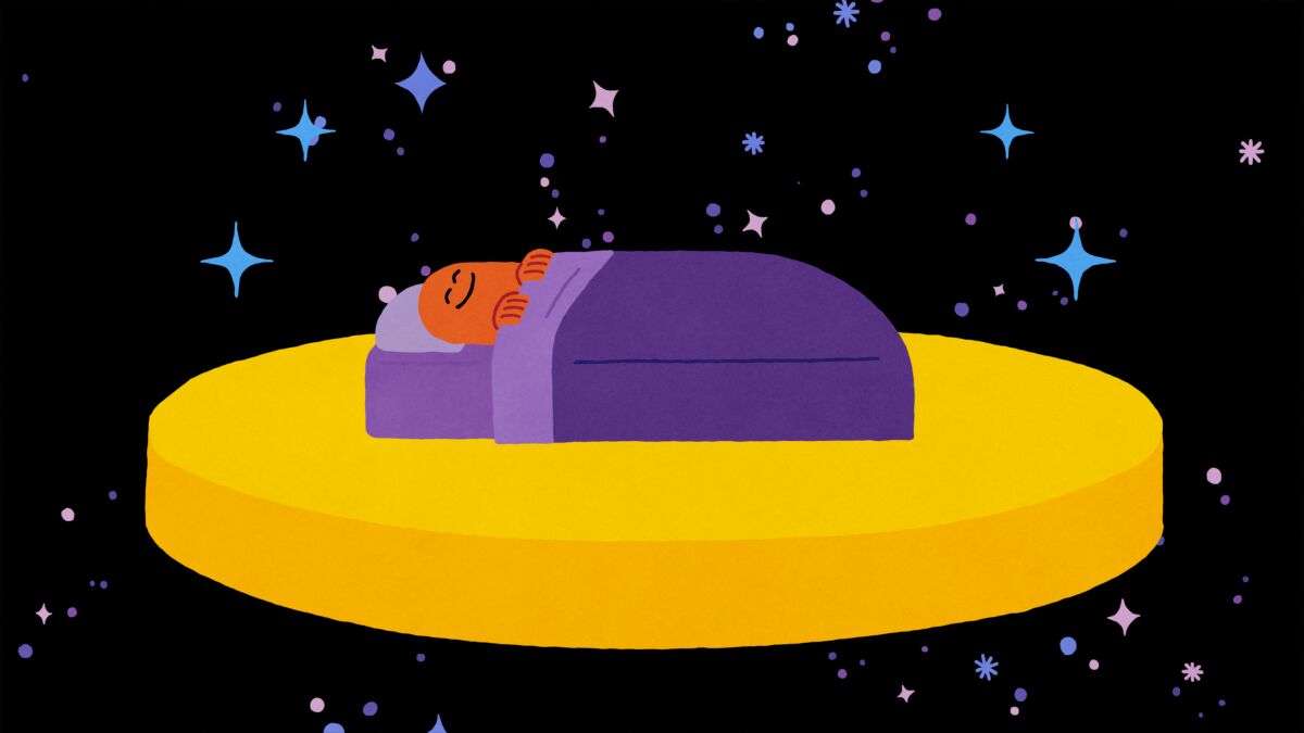 An illustration of a figure in bed floating in space