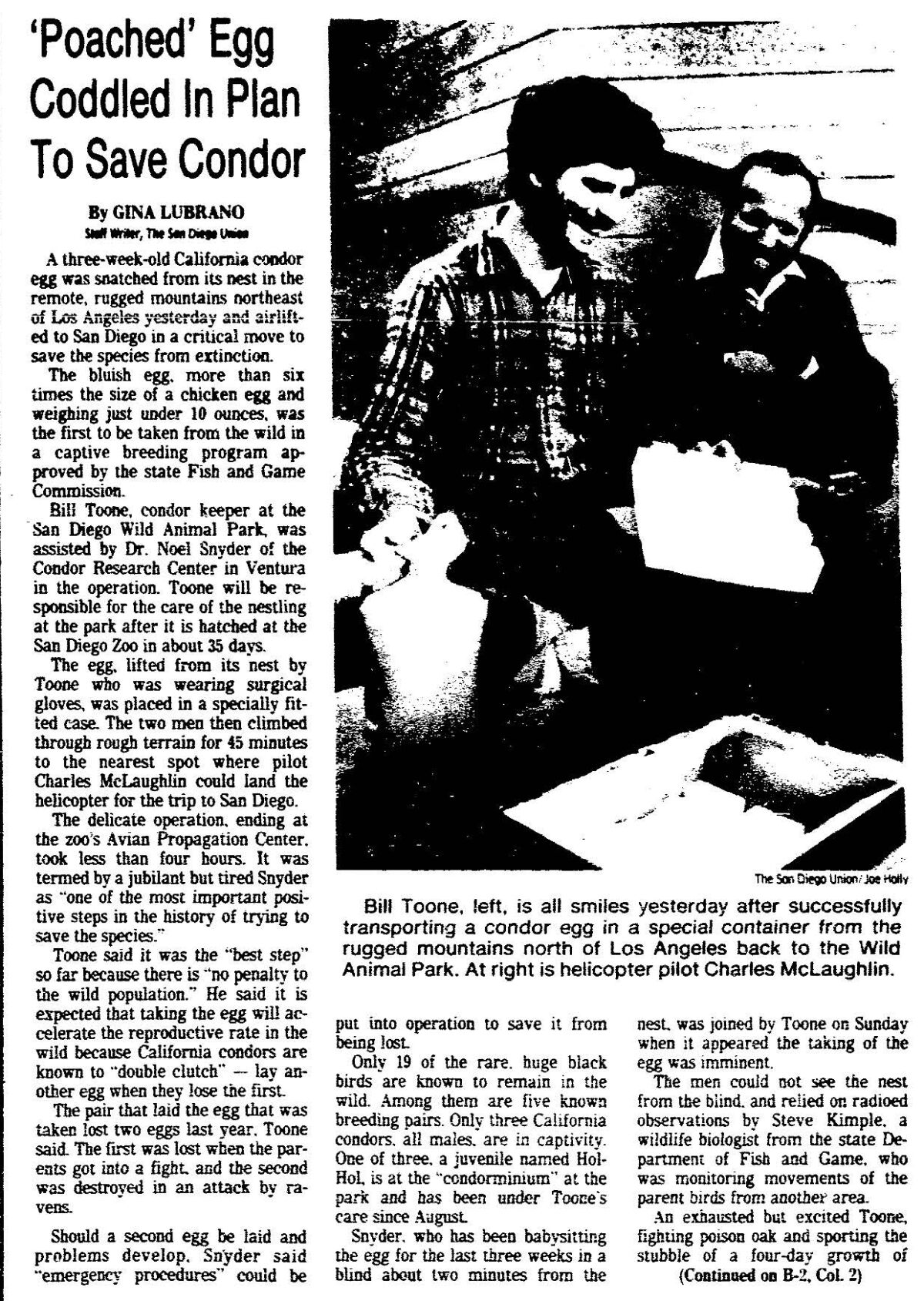 'Poached' egg coddled in plan to save Condor," from The San Diego Union, Feb. 24, 1983.