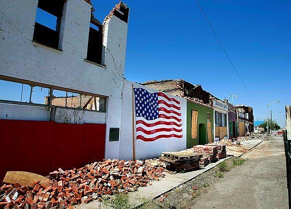 Five months after a 6.0 earthquake struck Wells, Nev., damaged buildings stand along historic Main Street. The temblor's damage wasn't enough to qualify for federal aid.