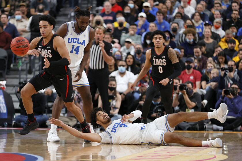 LAS VEGAS, NEVADA - NOVEMBER 23: Andrew Nembhard #3 of the Gonzaga Bulldogs steals the ball from Johnny Juzang #3 of the UCLA Bruins during the championship game of the Good Sam Empire Classic basketball tournament at T-Mobile Arena on November 23, 2021 in Las Vegas, Nevada. (Photo by Ethan Miller/Getty Images)