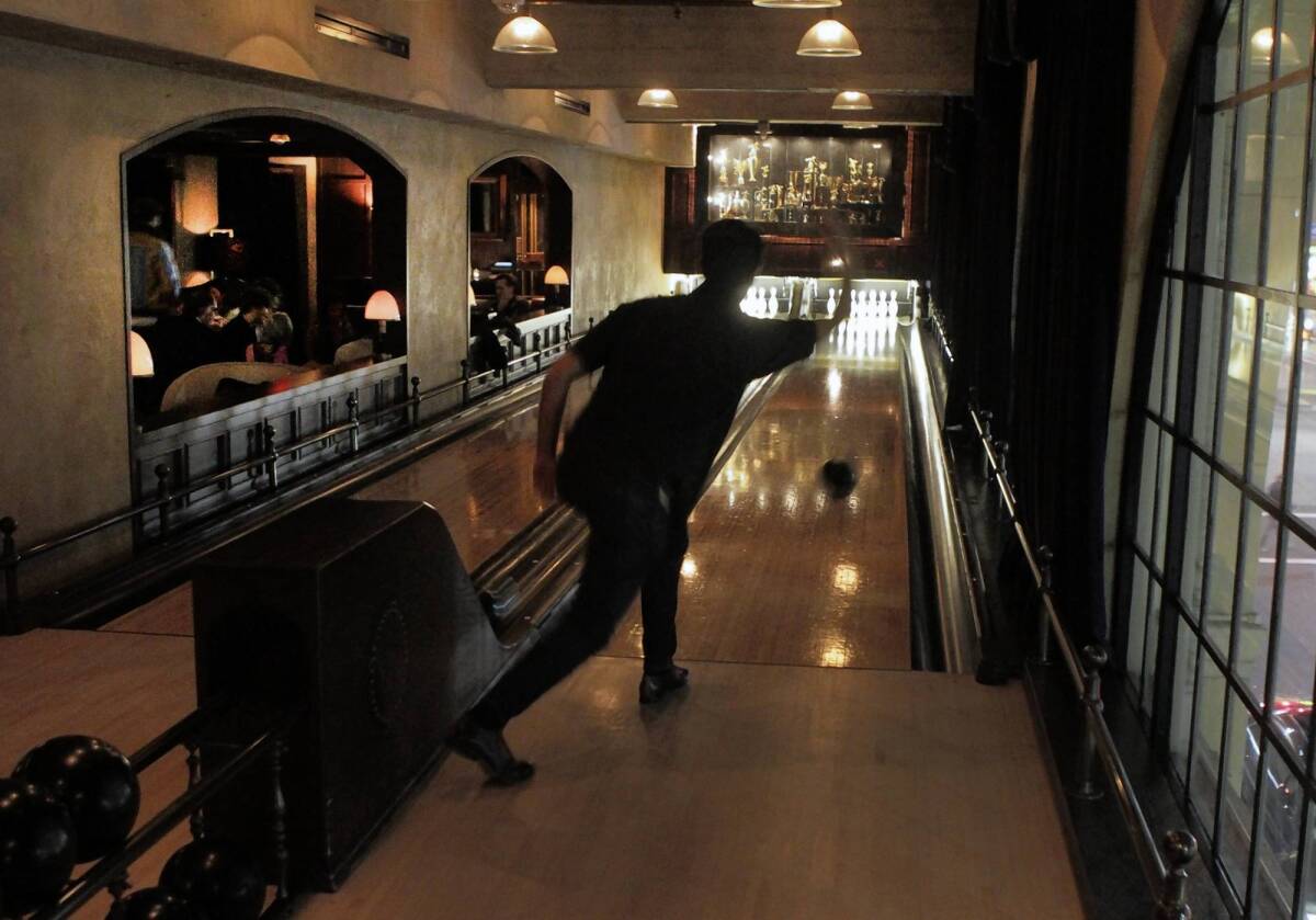Two bowling lanes in the Spare Room in the Hollywood Roosevelt Hotel in Hollywood.